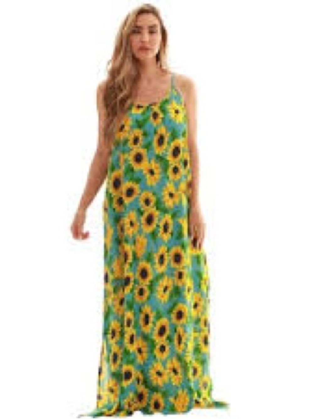 Sunflower Print Green Maxi Dress with Spaghetti Straps size Medium